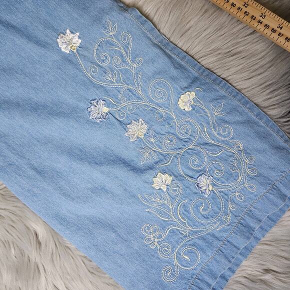 🦃Vintage Monique Fashions Chambray Denim Maxi Dress Floral Embroidered Size 10 - Picture 7 of 9